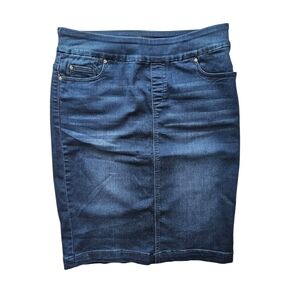 Rekucci Jean Pull-On Stretch Denim Skirt Sze 6 Cottage Knee Length Pencil Modest